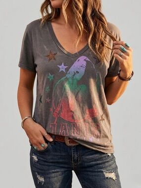Lauren Moshi x Janis Joplin Graphic V-Neck Distressed Tee Vintage Gray Medium